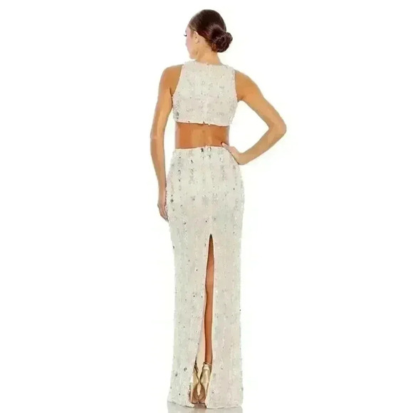 Mac Duggal CutOut Gown Maxi Dress 4 Small S Beaded Back Slit Nude Beige $998 NWT - Picture 4 of 9